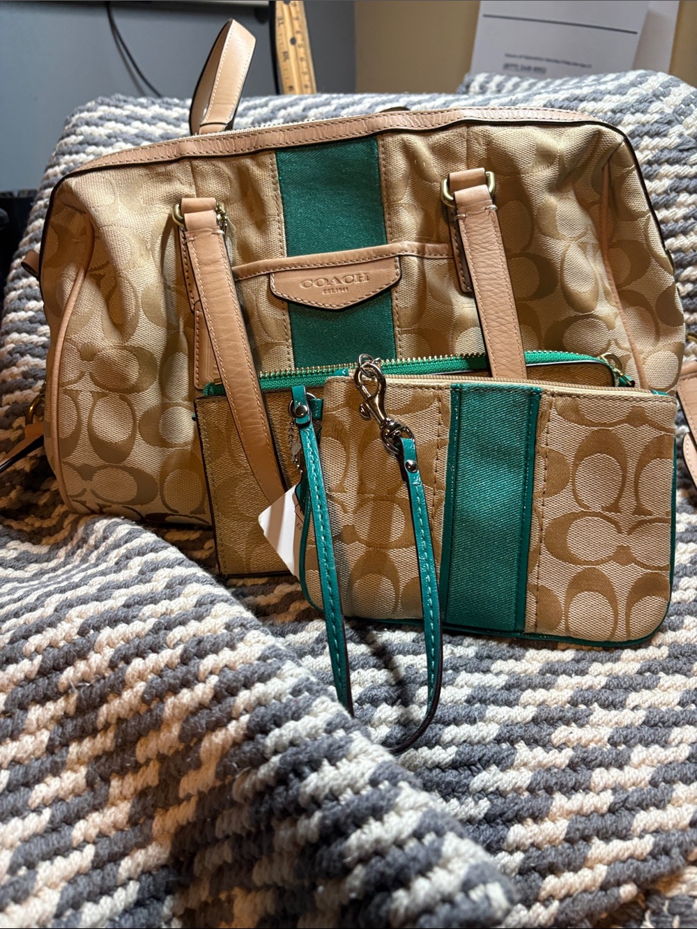 VCG Coach Tan Signature Nancy Satchel Bag with Teal Stripe